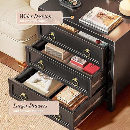 Huuger 23.6 Inch Night Stand with Charger Station and USB-C Port, 3 Drawer Nightstands Set of 2, Larger Wider Bedside Table, Modern End Table, for Bedroom, Black Nightstand