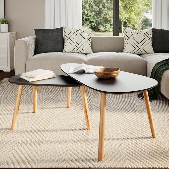 vidaXL Nesting Coffee Table 2 pcs, Side Tables with Solid Pine Wood Legs, Scandinavian Style End Table for Living Room, Black