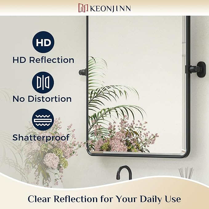 Keonjinn Pivot Mirror Bathroom, 20 x 24 In Beveled Tilt Mirror Bathroom, Matte Black Farmhouse Rectangular Metal Framed Mirrors, Rounded Corner Rectangular Vanity Mirrors for Wall, Horizontal/Vertical