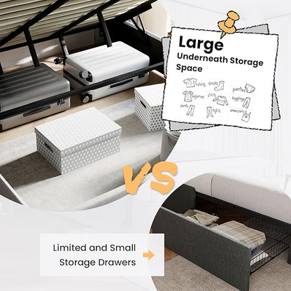 SHA CERLIN Full Size Lift Up Storage Bed/Modern Wingback Headboard/Upholstered Platform Bed Frame/Hydraulic Storage/No Box Spring Needed/Wood Slats Support/Light Beige