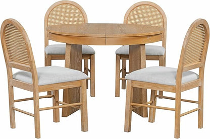 Ball & Cast Retro Dining Table Set for 4 with 4 Upholstered Chairs,5-Piece Wooden Living Room Furniture W/ 58" Round Extendable Kitchen Desk,for Small Space,Apartment,Dining Room,Natural Wood Wash