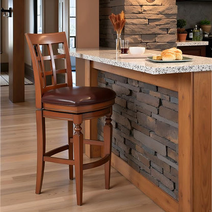 Alaterre Furniture Napa Bar Height Swivel Stool with Back – Faux Leather Upholstered Seat Barstool with Memory Return, Turned Wood Legs, Lattice Back Design, and Metal Kick Plate for Kitchen Islands