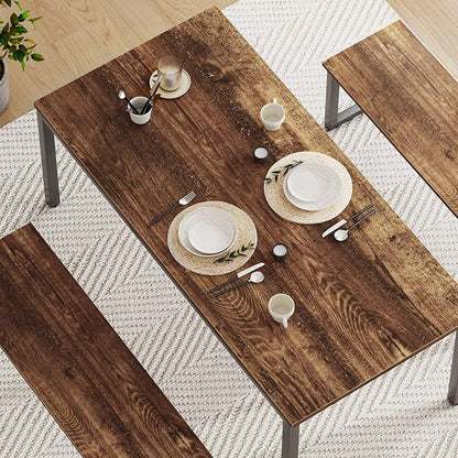 soges Kitchen Table Set with 2 Benches, Bench Dining Table Set for 4, 3 Piece Dining Room Table and Long Benches, Breakfast Table Coffee Table Set, Industrial Style Wooden Kitchen and Dining Room Set