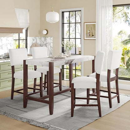 Ball & Cast 5-Piece Dining Table Set for 4,Kitchen Table Set W/Faux Marble Bar Table,Counter Height Living Room Furniture W/ 4 Upholstered Chairs,for Dining Room,Pub Kitchen,Small Place,Beige+White