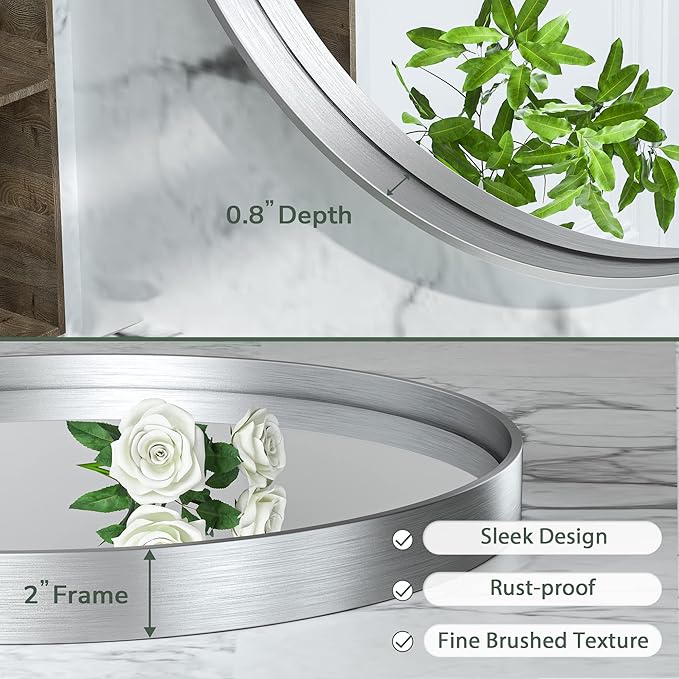 TokeShimi Round Mirror 24 Inch Brushed Silver Round Bathroom Mirror for Wall Non-Rusting Aluminum Alloy Brushed Silver Matte Metal Frame Modern Circle Mirror Multi Style Home Decor