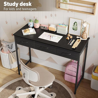 WOHOMO Computer Desk with Drawers, 39.3 Inch Bedroom Desk with Storage, Home Office Desk for Room Spaces, Modern Work Writing Study Tables, Black