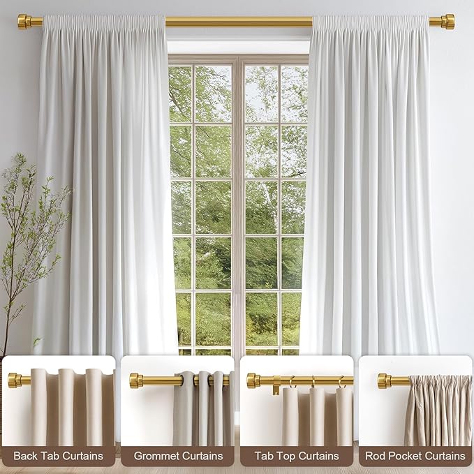 2 Pack Modern Gold Curtain Rods for Windows 48 to 84 Inches Adjustable Length Heavy Duty 1" Diameter Brass Window Curtain Rod with Solid Metal Finials for Outdoor Farmhouse Bedroom Kitchen Living Room