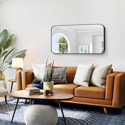 Bathroom Mirror, 48 x 24 inch Black Rectangle Wall Mirror, Metal Framed Rectangular Vanity Mirror, Rounded Corner Wall Mounted Mirror for Modern Bedroom Living Room Horizontal/Vertical