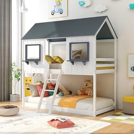 Ball & Cast Twin Over Twin Size Playhouse Bunk Bed with Roof and Window,Wood Bunkbed w/Full-Length Guard Rail & Ladder,Slat Support,Space Saving,Bedroom Furniture for Student Dorms,White