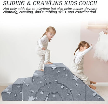 MeMoreCool Foam Climbing Toddler Couch, Modular Kids Sofa with Slide & Stair, Convertible Baby Couch for Playroom, Sectional Furniture for Crawling, Climbing, and Kids’ Play
