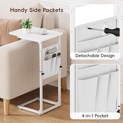 Vagusicc C Shaped End Table, 33" Tall Side Table for Couch, Adjustable Height Recliner Table Small Couch Side Tables, Sofa Tables Slide Under Sofa TV Tray Arm C Table for Living Room, Bedroom, White