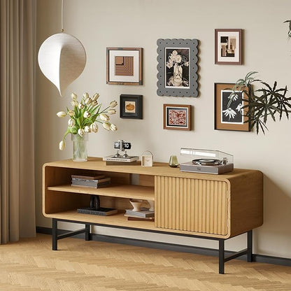 TV Stand,Mid Century Modern Entertainment Center with 2 Open Shelves，Farmhouse TV Media Console Table for Living Room,Bedroom,Television Stand up to 50 Inches,Yellow Oak