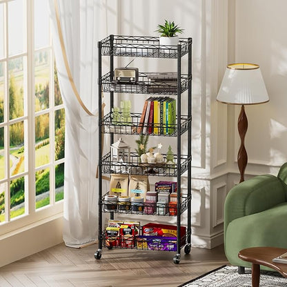 SINGAYE 6 Tier Basket Shelf Wire Shelving Unit Adjustable Storage Shelves Big Basket Rack for Garage Kitchen Office Pantry Corner 17" Dx12 Wx63 H Black