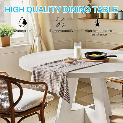 47" Round Dining Table for 4-6, Modern Small Dinner Table Farmhouse Round Kitchen Tables with Wooden Cross Base for Dining Room, Kitchen, Living Room, White