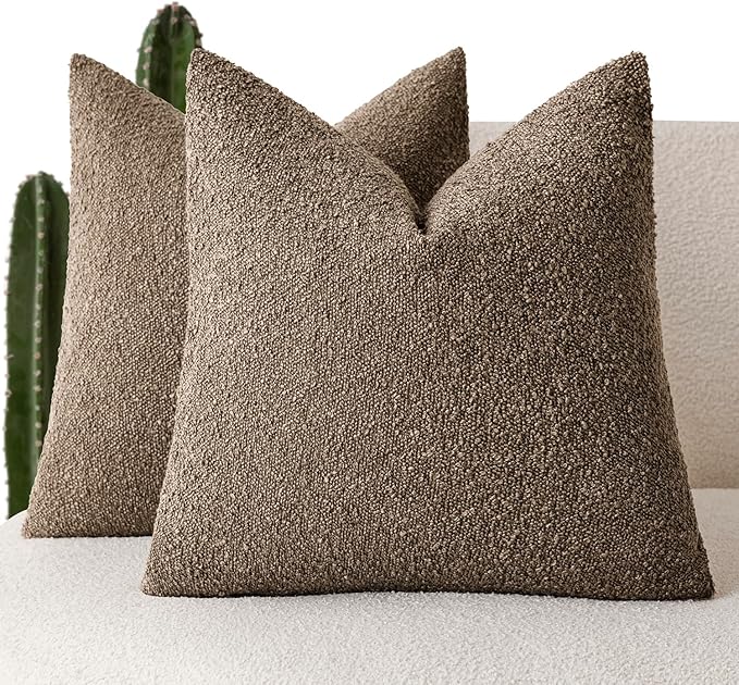 Foindtower Set of 2, Decorative Textured Boucle Throw Pillow Covers Accent Solid Pillow Cases Neutral Soft Cozy Couch Cushion Case for Chair Sofa Bedroom Living Room Home Decor 16x16 Inch Light Brown
