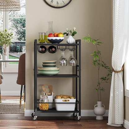 TUTOTAK Bar Cart, Home Bar Serving Cart with 3-Tier Shelf, Drink Cart with Wine Rack, Glass Holder, Rolling bar carts for The Home, Living Room, Brown V1BC01BK035
