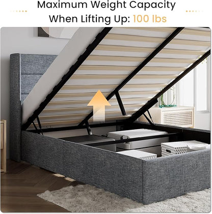 SHA CERLIN Queen Size Lift Up Storage Bed/Modern Wingback Headboard/Upholstered Platform Bed Frame/Hydraulic Storage/No Box Spring Needed/Wood Slats Support/Grey Blue