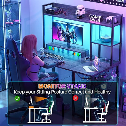 Cyclysio Gaming Desk with Hutch, 39'' Computer Desk with LED Lights & Power Outlets, Home Office Desk with Reversible 5 Tiers Storage Shelves & Monitor Stand, Small Gaming Table for Small Space, Grey