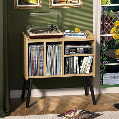 Record Player Table, Mid-Century Record Player Stand with Vinyl Storage Hold Up to 150+ Albums, Vinyl Record Cabinet with Adjustable Shelves, Wood Turntable Stand for Music Living Room (Walnut)