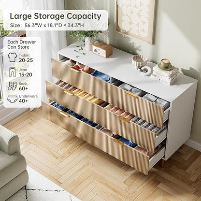 GarveeHome Dresser for Bedroom, Modern Chest of Drawers with Large Drawer, 6 Drawer Dresser with Gold Handles,Wood Storage Cabinet Organizer for Living Room, Hallway, Entryway, Natural