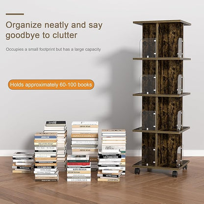 VECELO Rotating Bookshelf with Brake Wheels, 360°Display 4 Tier Floor Stackable Spinning-Bookshelf Tower for Kids&Adults, Revolving Bookcase for Small Space,Corner(Brown)