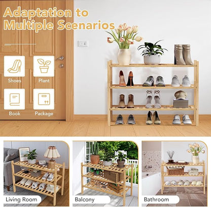 Haddockway 3 Tier Bamboo Shoe Rack Storage Organizer, Multifunctional Free Standing Stackable Shoe Shelf with Grid Panel for Closet,Hallway,Entryway,Small Space 27"x11"x20" (Natural, 3 Tier)