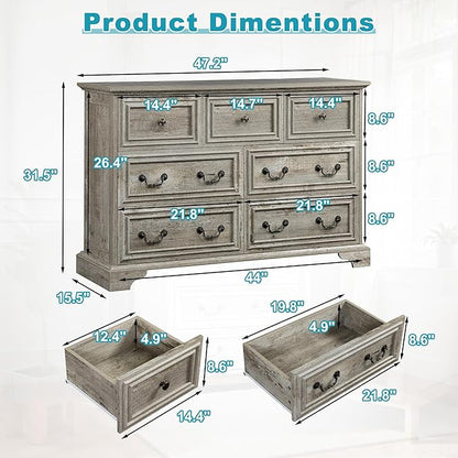 47.2" Farmhouse Sideboard Buffet Cabinet with Storage, Kitchen Buffet Storage Cabinet with 7 Drawers, Modern Wood Accent Sideboard for Living Room, Kitchen, Hallway(Ancient Oak)