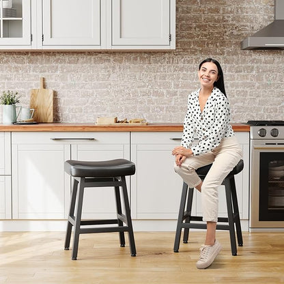 Counter Height Bar Stools Set of 2, 24 Inch Barstools for Kitchen Counter, Kitchen Stools with Bonded Leather Saddle Seats & Heavy Duty Metal Legs, Easy Assembly, Brown/Black