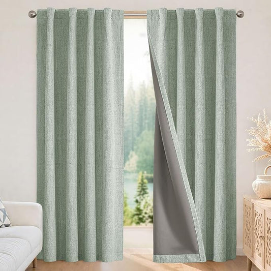 Joydeco 100% Blackout Curtains for Bedroom - Natural Linen Curtains 52" W x 72" L Long, Thermal Insulated 2 Panels Light Blocking Drapes, Rod Pocket & Back Tabs, Darkening Privacy for Living Room