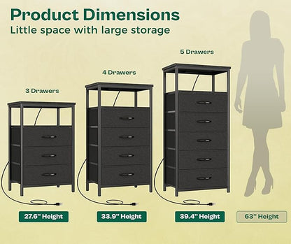 Huuger 5 Drawers Dresser with Charging Station, Dresser for Bedroom, Tall Night Stand, Chest of Drawers with Open Shelf, Bedside Table Nightstand, Fabric Storage Drawers, for Entryway, Black