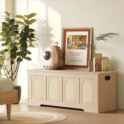 DINZI LVJ Storage Chest, 47.2" Rattan-Like Toy Box with 2 Safety Hinges, Wooden Entryway Storage Bench with Flip-Top, Large Trunk for Living Room, Bedroom, Easy Assembly, Natural