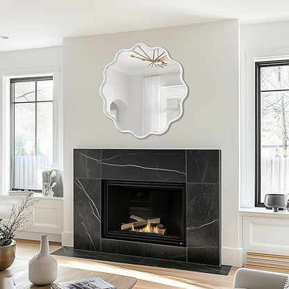 PROHOMEWARE White Round Mirror 28 Inch Wavy Bathroom Vanity Mirror White Frame Modern Wall Mirror Decorative Wall-Mounte Anti-Rust, Tempered Glass
