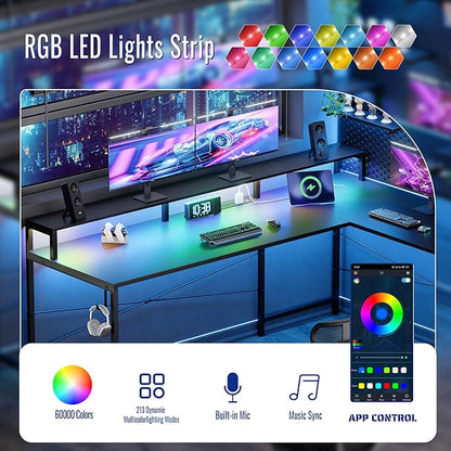 Pamray 64 Inch L Shaped Gaming Desk with Power Outlets and Led Lights, Large Corner Computer Desk with Monitor Stand and Pegboard, PC Table for Home Office and Bedroom Pink