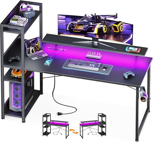 ODK Reversible 55 Inch Gaming Desk with USB Charging Port and LED Lights, Computer Desk with Storage Shelves and Monitor Stand, Study Table for Home Office, Morden Desk for Bedroom, Carbon Fiber Black