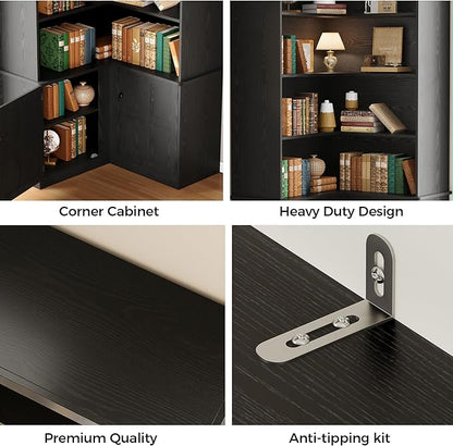 IRONCK Corner Bookshelf with Doors, 6 Tier Bookcase with Storage, Corner Shelf with Cabinet, Large Tall Bookshelf for Living Room, Home Office, Bedroom,Black
