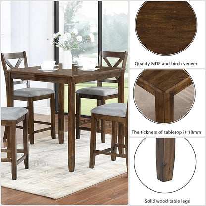 Dining Table Set for 4, Modern 5 Piece Dining Room Table Set with Square Table & 4 X-Shaped Backrest Upholstered Chairs, Counter Height Kitchen Chairs Set for Small Space, Walnut