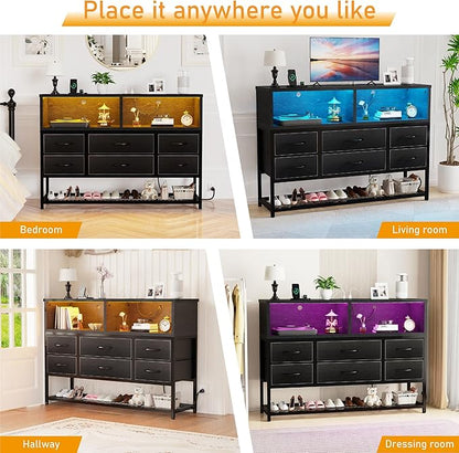 Black Dresser for Bedroom, 6 Drawers Led Dresser TV Stand with Power Outlets and LED Lights, Long Fabric Dressers Wide Chest of Drawers with Large Organizer Shoe Rack for Living Room, Entryway