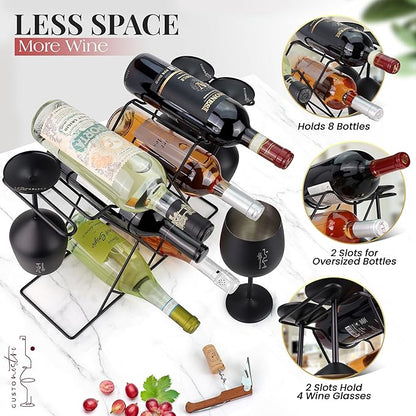 Gusto Nostro Small Wine Racks Countertop Storage for 8 Bottles & 4 Glasses - Countertop Wine Rack with Glass Holder, Modern Tabletop Black Wine Rack, Wine Holder Stand for Kitchen Cabinet Wine Cellar