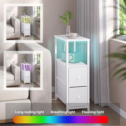 TUTOTAK Small Narrow LED End Table with Charging Station, Side Table Outlets, Nightstand with 2 Cloth Drawers, Set of 2, Couch Table, for Living Room, Bedroom, Bedside, White TB01BW056