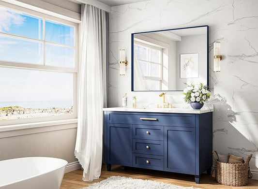 Keonjinn Blue Bathroom Mirror 40 x 30 Inch, Metal Frame Rectangular Wall Mirror, Modern Farmhouse Navy Blue Mirrors, Large Square Corner Rectangle Mirrors for Over Sink