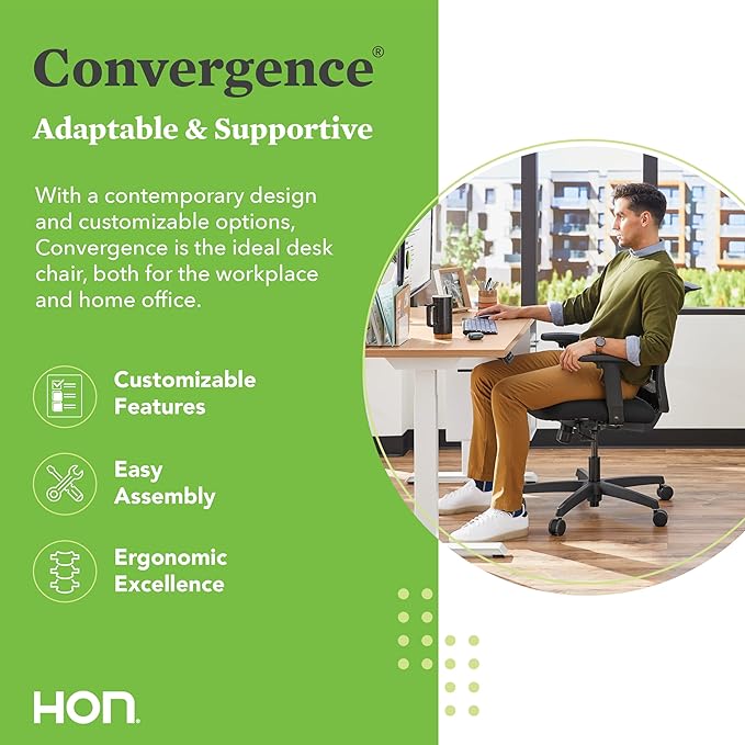 HON Convergence Ergonomic Office Chair, Breathable Back Support Mesh, Adjustable Arms, Computer Chair with Lumbar Support, Rolling Swivel Wheels, Comfortable Synchro-Tilt Recline, Vinyl, Black