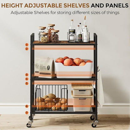 3-Tier Metal Storage Rack with Industrial Wheels,Mesh Shelving Unit with Wooden Table top,Adjustable Shelf,23.6-Inch Width,for Kitchen,Laundry,Pantry,Plant,Black