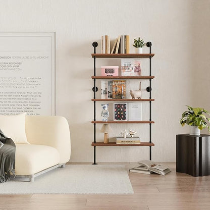 5 Tier Industrial Ladder Shelf Bookcase, Wall Mounted Wood Metal Pipe Rustic Bookshelf for Living Room (Weathered Brown, 10" D x 36" W x 70" H)