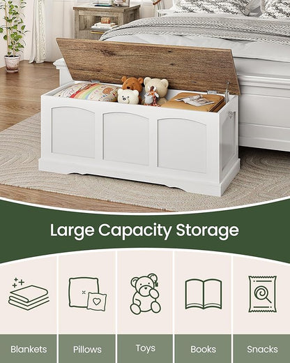 39.4" Storage Chest Bench with Lift Lid, Toy Chest with Safety Hinge, Entryway Shoe Bench, Wooden Storage Trunk, Holds up to 220 lb, for Living Room, Bedroom, Hall, White and Walnut MCW12WL