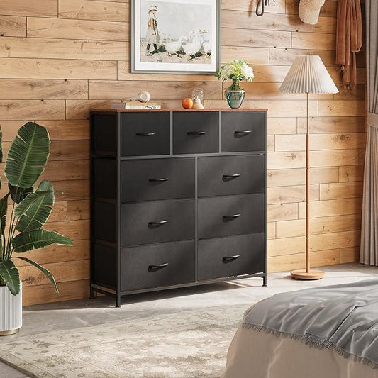 WLIVE 9 Drawer Dresser, Fabric Storage Tower for Bedroom, Hallway, Closet, Tall Chest Organizer Unit for Bedroom with Fabric Bins, Steel Frame, Wood Top, Easy Pull Handle, Black and Rustic Brown