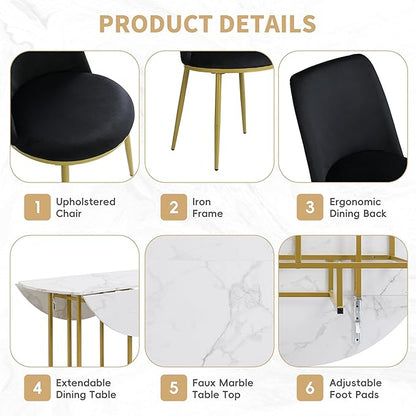 Ball & Cast Space-Saving 5-Piece Extendable Kitchen Dining Table Set w/ 4 Upholstered Chairs,Round Faux Marble Top with Golden Frame,Compact Foldable Design,for Small Spaces,White+Black
