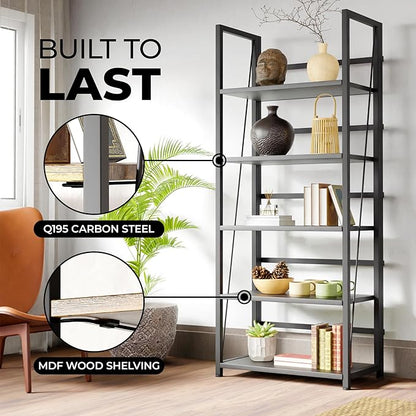 5 Tier Wood Book Shelf Organizer, No Assembly Bookshelf for Bedroom Living Room Office, Rustic Foldable Book Case, Tall Bookshelves, Open Book Shelves, Decorative Folding Shelf Display, Tall Bookcase