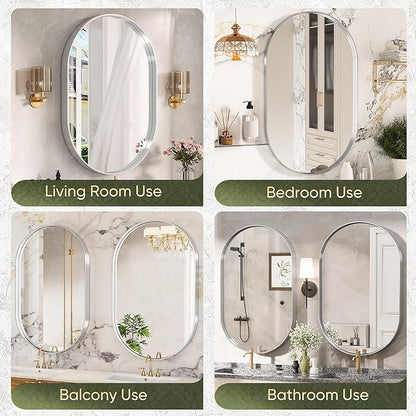 Suidia 22" x 30" Bathroom Mirror, Bathroom Vanity Mirror Metal Framed, Wall-Mounted Mirrors for Bedroom, Living Room, Entryway, Hallway, Silver, Oval Style