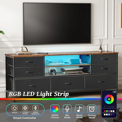 Huuger TV Stand Dresser with Power Outlets and LED Lights, 7 Drawers Entertainment Center for 60 Inch TV, TV Console with Open Shelf, 55 Inches Wide Fabric Dresser, PU Leather, Rustic Brown and Black