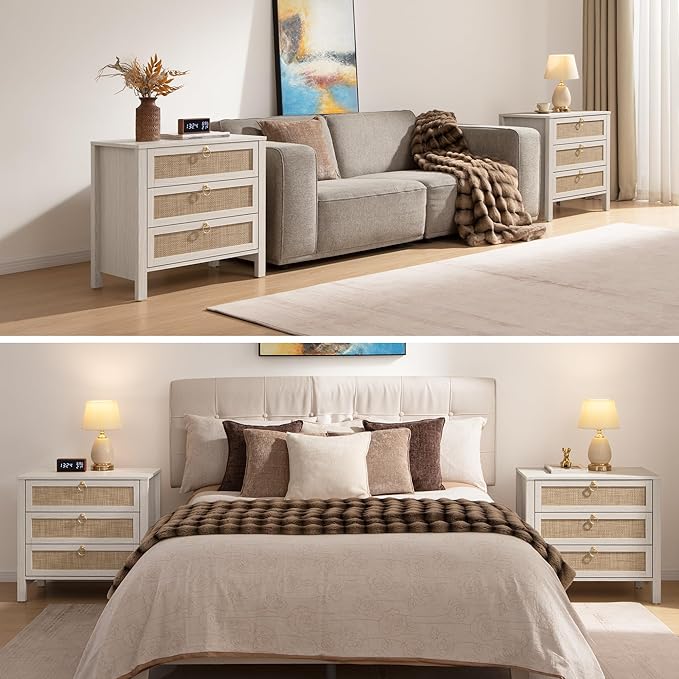 SICOTAS White Night Stand with Drawers - Large Rattan Bedside Table with Golden Handle, 3 Drawers Nightstand Tall End Table Side Table Boho Nightstand for Bedroom